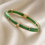 Green Jade Segment Bangle with Crystal Bars in Gold