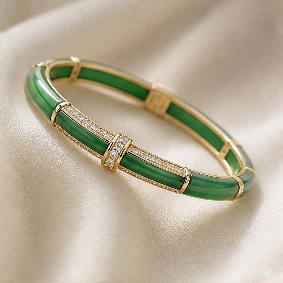 1786606601_6f9fb1e5-6 Green Jade Segment Bangle with Crystal Bars in Gold - 图片 1