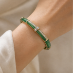 Green Jade Segment Bangle with Crystal Bars in Gold - 图片 5