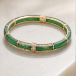 Green Jade Segment Bangle with Crystal Bars in Gold - 图片 9