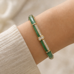 Green Jade Segment Bangle with Crystal Bars in Gold - 图片 8