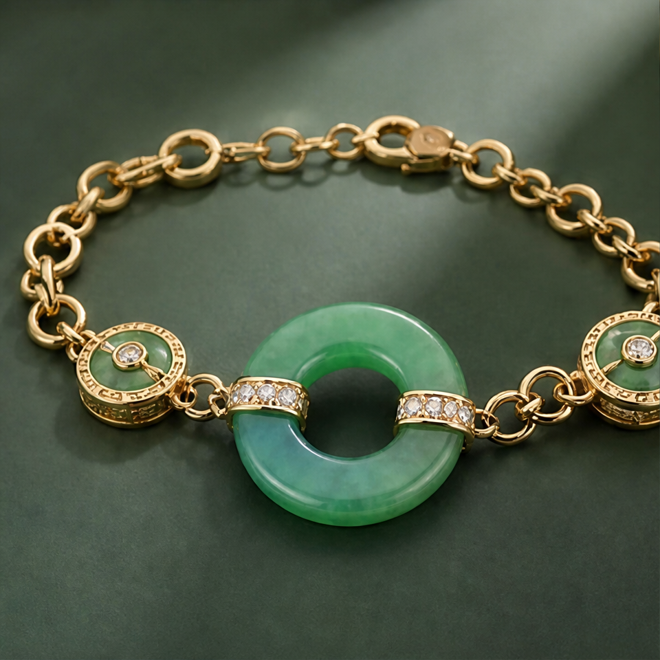 1786606601_e4170c2e-1 Green Jade Peace-Buckle Disc Link Bracelet in Gold - 图片 1