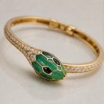 Green Enamel Serpent Bangle with Crystal Pave in Gold