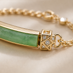 Curved Green Jade Bar Chain Bracelet in Gold-Tone Finis - 图片 6