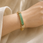 Curved Green Jade Bar Chain Bracelet in Gold-Tone Finis - 图片 2