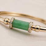 Jade Barrel Bangle with Pave Accents in Gold Tone - 图片 3