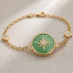 Green Jade Compass Star Disc Bracelet in Gold Tone