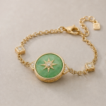 Green Jade Compass Star Disc Bracelet in Gold Tone - 图片 6