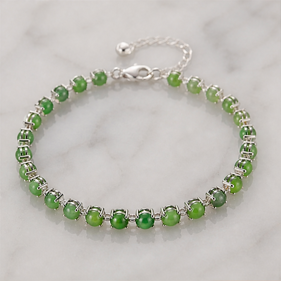 1786607050_96092305-5 Green Jade and Crystal Line Bracelet in Sterling Silver - 图片 1