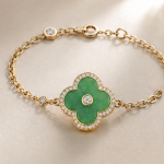 Deep Green Jade Clover Bracelet with Pave Halo in Gold Tone - Image 7