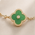 Deep Green Jade Clover Bracelet with Pave Halo in Gold Tone - Image 6