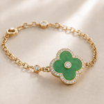 Deep Green Jade Clover Bracelet with Pave Halo in Gold Tone