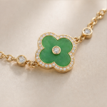 Deep Green Jade Clover Bracelet with Pave Halo in Gold Tone - Image 4
