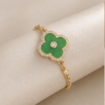 Deep Green Jade Clover Bracelet with Pave Halo in Gold Tone - Image 3