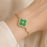 Deep Green Jade Clover Bracelet with Pave Halo in Gold Tone - Image 2