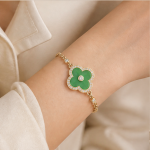 Deep Green Jade Clover Bracelet with Pave Halo in Gold Tone - Image 5