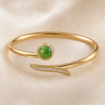 Bypass Cuff Bangle with Green Jade Cabochon in Gold Tone