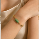 Jade Barrel Paperclip Chain Bracelet in Gold Tone - 图片 2