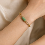 Jade Barrel Paperclip Chain Bracelet in Gold Tone - 图片 5