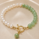 Pearl and Green Aventurine Toggle Bracelet in Gold Tone