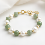 Jade and Freshwater Pearl Beaded Bracelet in Gold Tone - 图片 7