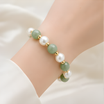 Jade and Freshwater Pearl Beaded Bracelet in Gold Tone - 图片 5