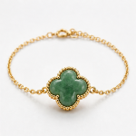 Green Aventurine Clover Bracelet with Beaded Frame in Gold Tone
