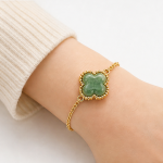 Green Aventurine Clover Bracelet with Beaded Frame in Gold Tone - 图片 5