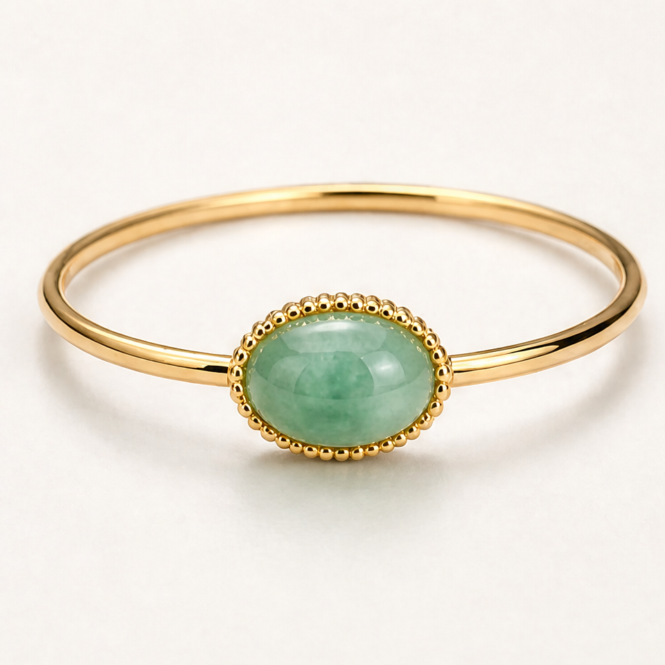 1786608175_7da6fd35-1 Oval Green Aventurine Bangle in Gold Tone - 图片 1