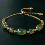 Oval and Emerald-Cut Green Jade Bolo Bracelet in Gold Tone