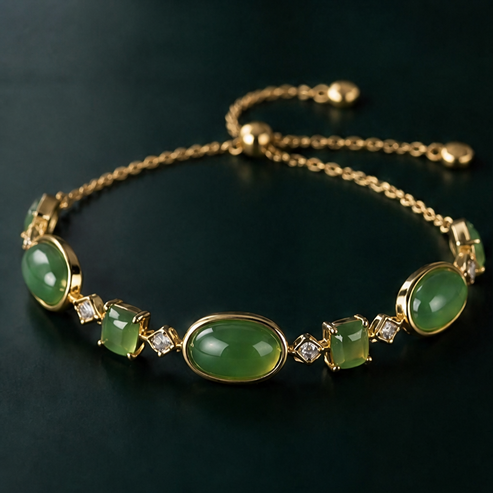 1786608211_ddd32f6e-1 Oval and Emerald-Cut Green Jade Bolo Bracelet in Gold Tone - Image 1
