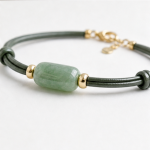 Jade Barrel Bracelet on Dark Green Leather Cord - 图片 3