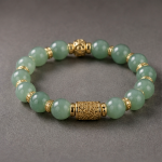 Green Aventurine Bead Bracelet with Carved Gold Barrel Charm