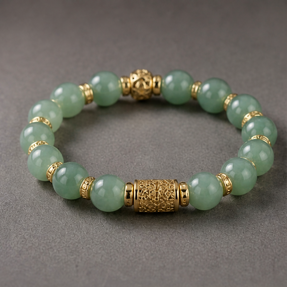 1786608475_05f6a4ad-1 Green Aventurine Bead Bracelet with Carved Gold Barrel Charm - 图片 1