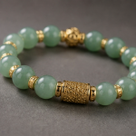 Green Aventurine Bead Bracelet with Carved Gold Barrel Charm - 图片 3