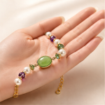 Oval Jade and Multicolour Crystal Beaded Bracelet in Gold Tone - 图片 5