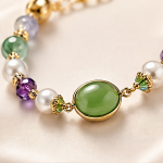 Oval Jade and Multicolour Crystal Beaded Bracelet in Gold Tone - 图片 3