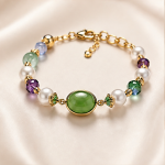 Oval Jade and Multicolour Crystal Beaded Bracelet in Gold Tone