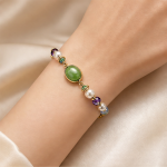 Oval Jade and Multicolour Crystal Beaded Bracelet in Gold Tone - 图片 2
