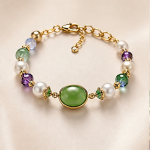 Oval Jade and Multicolour Crystal Beaded Bracelet in Gold Tone - 图片 4
