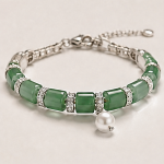 Green Jade Barrel Bead Bracelet with Pearl Drop in Sterling Silver - Image 3