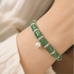 Green Jade Barrel Bead Bracelet with Pearl Drop in Sterling Silver - Image 2