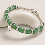 Green Jade Barrel Bead Bracelet with Pearl Drop in Sterling Silver - Image 7