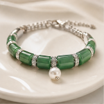 Green Jade Barrel Bead Bracelet with Pearl Drop in Sterling Silver