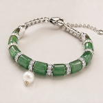 Green Jade Barrel Bead Bracelet with Pearl Drop in Sterling Silver - Image 4