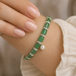 Green Jade Barrel Bead Bracelet with Pearl Drop in Sterling Silver - Image 5