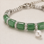 Green Jade Barrel Bead Bracelet with Pearl Drop in Sterling Silver - Image 6