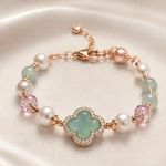 Green Jade Clover Bracelet with Pearls and Pink Crystal in Rose Gold Tone - Image 4