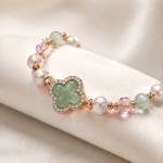 Green Jade Clover Bracelet with Pearls and Pink Crystal in Rose Gold Tone - Image 3