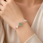 Green Jade Clover Bracelet with Pearls and Pink Crystal in Rose Gold Tone - Image 5